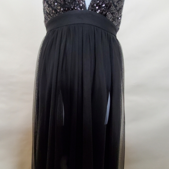 Rubber Ducky Sequin Halter Neck Maxi Dress Size M Front Slits Black Gown Mesh - Picture 7 of 14